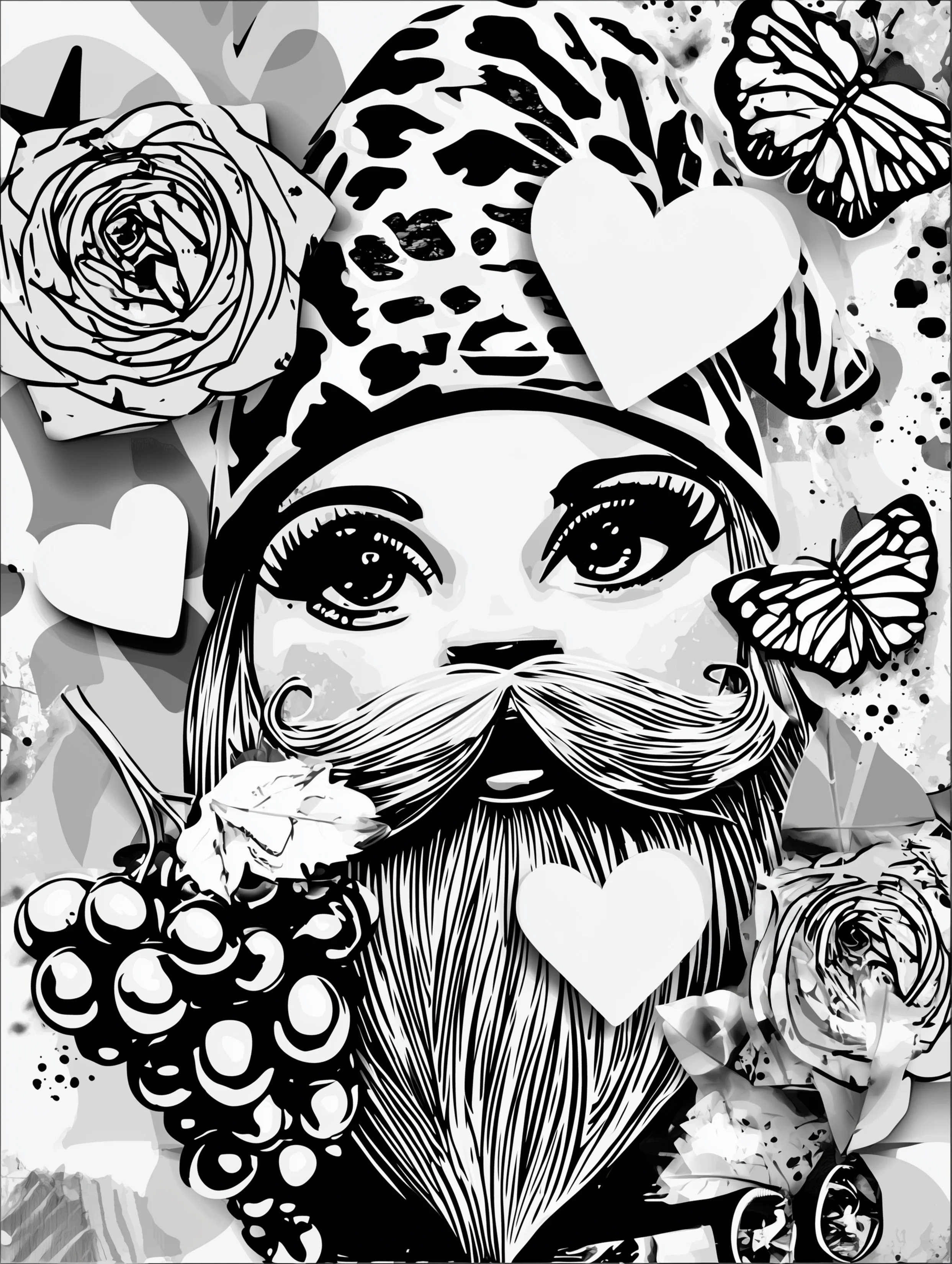 Free printable gnome coloring page for adults featuring a gnome with grapes and butterflies